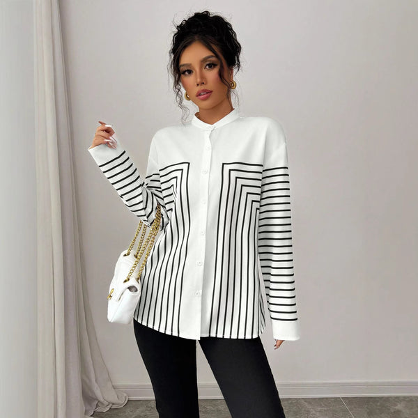 Blusa Rayada Estampada con Contraste de Colores y Botones Simples