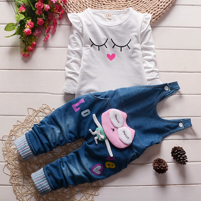 Conjunto de dos piezas: Suéter de algodón coreano con peto denim para niña - Image 6