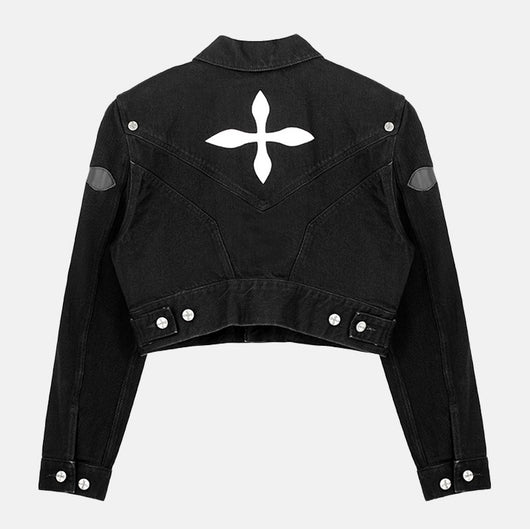 Chaqueta Denim Corta Patchwork Cuero - Estilo Casual Versátil - Image 3