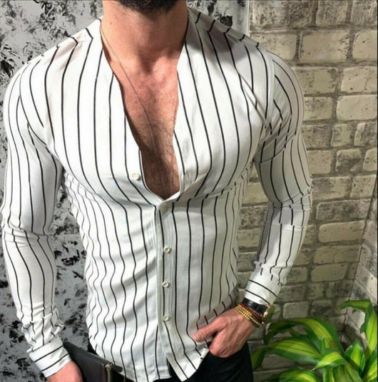 Camisa Ejecutiva de Rayas Amarilla con Cuello en V y Manga Larga - Image 9