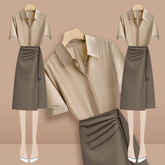 Blusa de Satén Elegante Manga Corta con Cintura Alta para Mujer