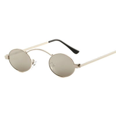 Fashionable small frame round sunglasses with black metal frames and dark grey lenses on a white background. - Image 5