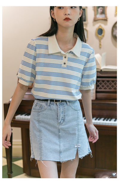 Camiseta Holgada de Algodón a Rayas con Cuello Solapa Estilo Coreano - Image 4