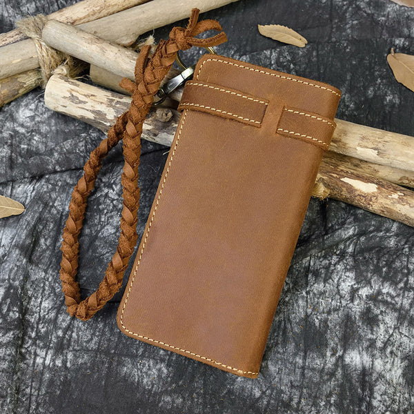 Cartera Larga de Cuero Crazy Horse Vintage con Cinturón Tejido y Cierre de Hebilla para Hombre