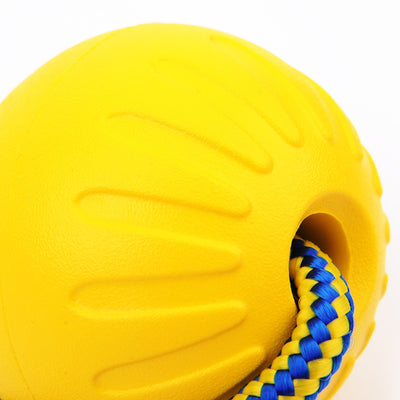 Yellow EVA pet training ball with a blue and yellow braided rope, suitable for dog play and training. - Image 13