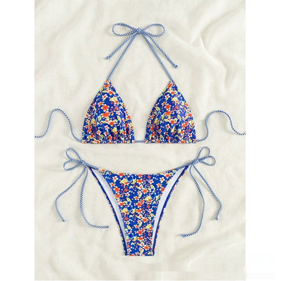 Female creative minimally printed split bikini set with a vibrant bohemian pattern and tie-side bottoms. - Image 7