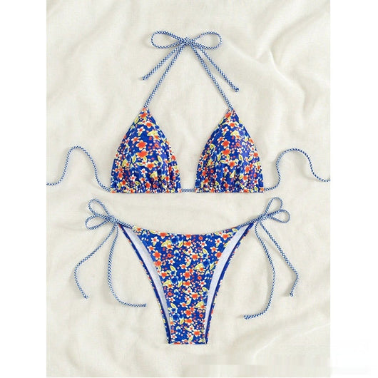 Female creative minimally printed split bikini set with a vibrant bohemian pattern and tie-side bottoms. - Image 7