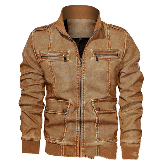 Chaqueta de Cuero PU 3D con Solapa y Color Liso para Hombre