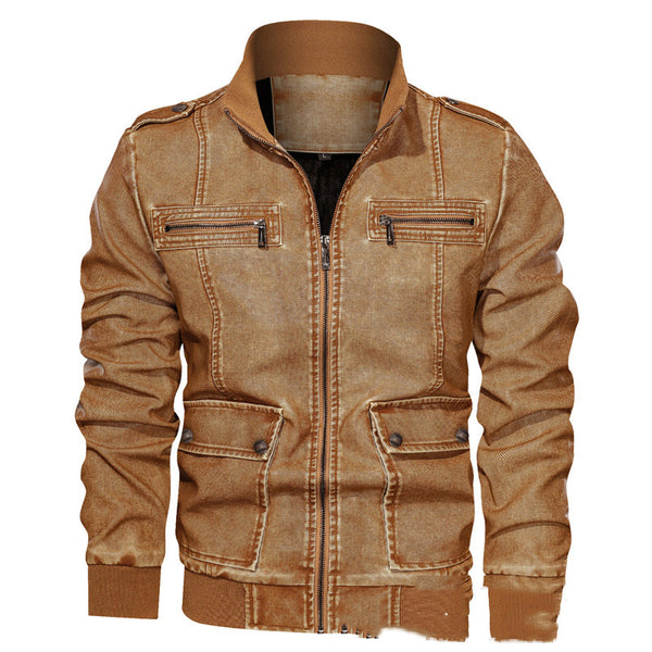 Chaqueta de Cuero PU 3D con Solapa y Color Liso para Hombre