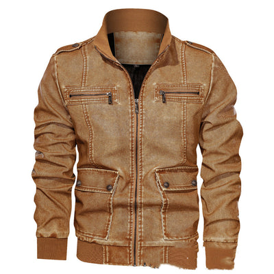 Chaqueta de Cuero PU 3D con Solapa y Color Liso para Hombre