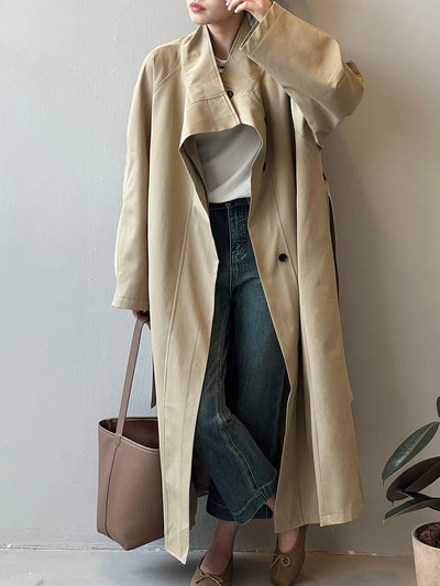 Abrigo Trinchera Largo Mujer Cuello Alzado Oversized Abotonado Simple - Image 21