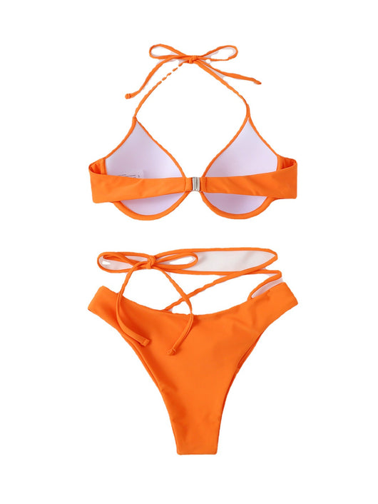 Orange split bikini set with a halter top and high-cut bottoms featuring wrap-around waist straps. - Image 5