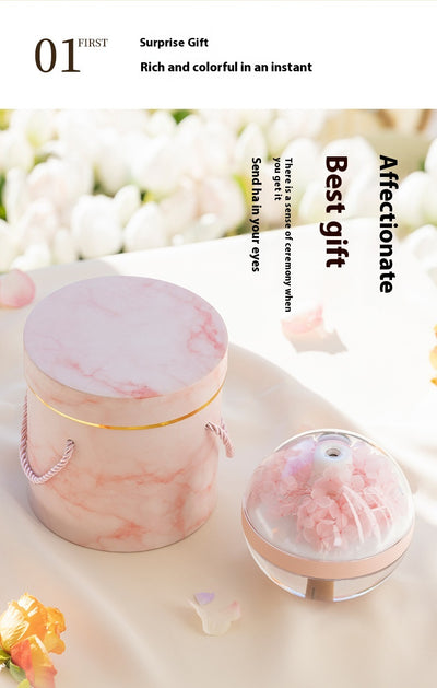 Pink round mini humidifier with clear dome, decorative pink flowers, and a light-up base, ideal for desktop or bedroom. - Image 10