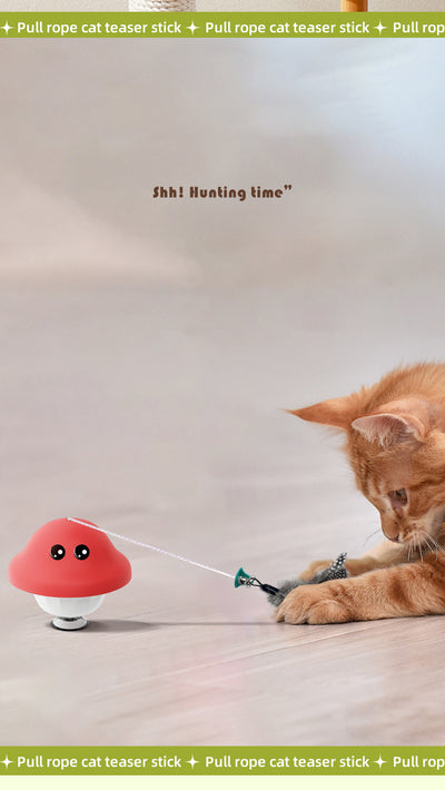 Red and white mushroom-shaped cat toy with cartoon eyes, a green loop, and a suction cup base, showing dimensions. - Image 11