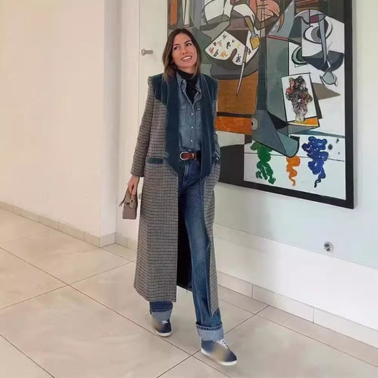 Abrigo de Lana a Cuadros Combinado para Mujer