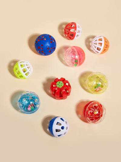 Six colorful plastic bell mesh hollow cat teasing balls in orange, green, red, purple, and pink, each 4cm. - Image 28