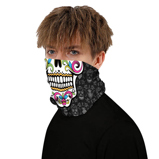 Black and white neck gaiter featuring a detailed skull and spine print, suitable for outdoor sports. - Image 26