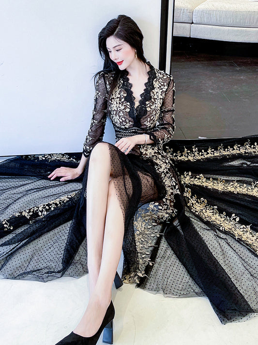 Vestido Elegante Estilo Hepburn con Malla Bordada Premium