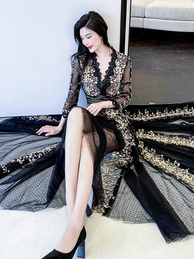 Vestido Elegante Estilo Hepburn con Malla Bordada Premium