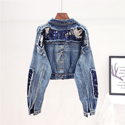Chaqueta Denim Corta con Lentejuelas para Mujer - Manga Corta Estilo Industrial - Image 3
