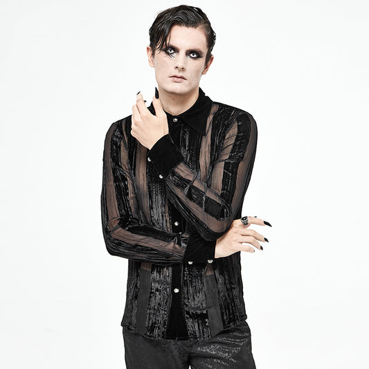 Camisa Gótica de Terciopelo Quemado con Pliegues y Rayas Demoníacas para Hombre - Image 2