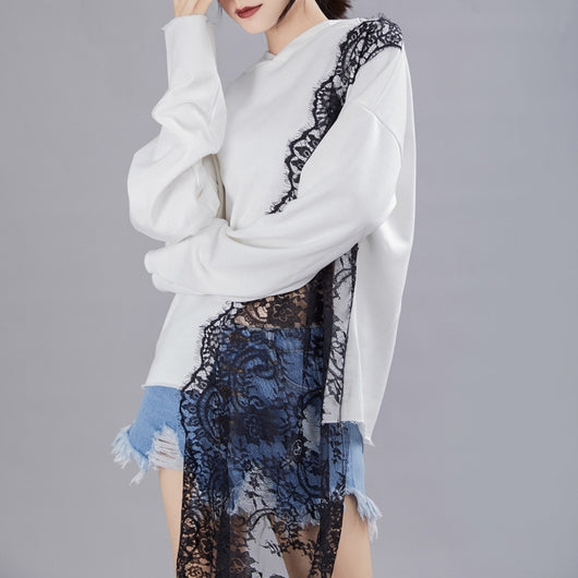 Sudadera con Capucha y Costuras Asimétricas de Encaje para Mujer - Image 12