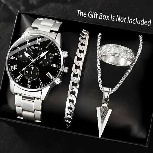 Conjunto de 4 Piezas: Reloj Collar, Pulsera y Anillo de Cuarzo para Hombre - Image 5