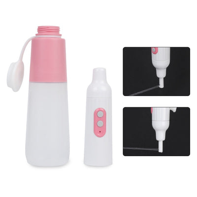 Portable electric bidet with translucent water bottle, white handheld spray unit, USB cable, and grey travel pouch. - Image 3
