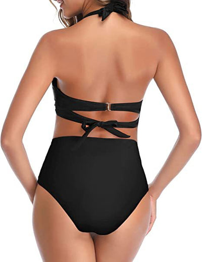 Bright yellow two-piece bikini with a halter neck top featuring a twisted bow and high-waisted ruched bottoms. - Image 24