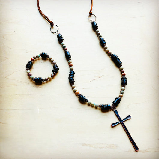 **Aqua Terra Wood Necklace with Copper Cross 237d