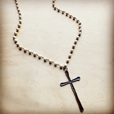 White Turquoise Long Beaded Necklace with Antique Copper Cross 255s