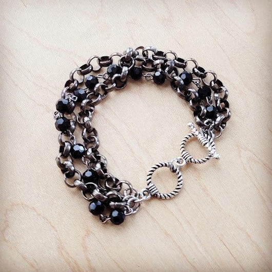 **Black Faceted Triple Strand Beaded Bracelet 807m