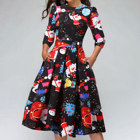 Vestido Navideño Estampado Cuello Redondo Slim - Image 11