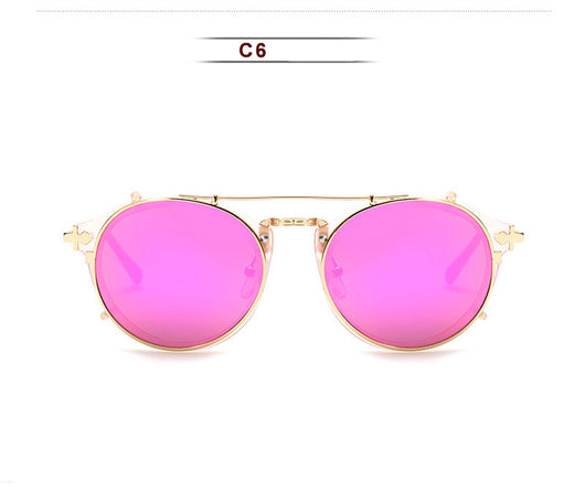 Round frame sunglasses with light blue mirrored lenses and a gold-tone metal frame, featuring a double bridge. - Image 9