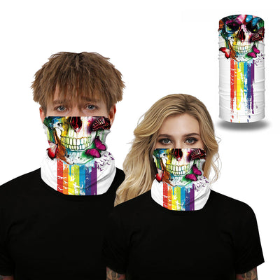 Black and white neck gaiter featuring a detailed skull and spine print, suitable for outdoor sports. - Image 15