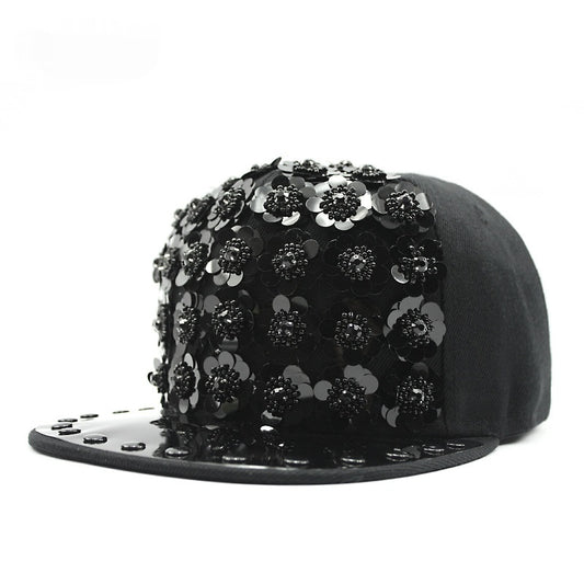 Gorra de Béisbol Hip Hop con Lentejuelas Florales y Visera Plana