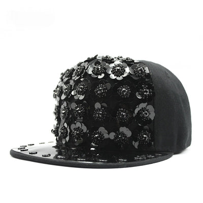 Gorra de Béisbol Hip Hop con Lentejuelas Florales y Visera Plana