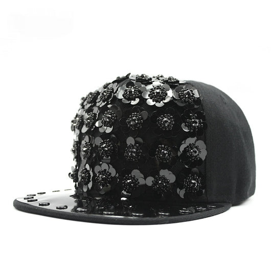 Gorra de Béisbol Hip Hop con Lentejuelas Florales y Visera Plana