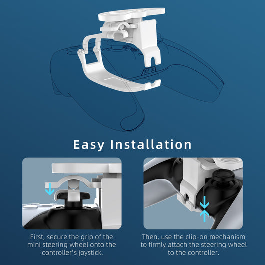 Black mini steering wheel attachment for PS5 controller, shown alone and attached to a white PS5 gamepad. - Image 6