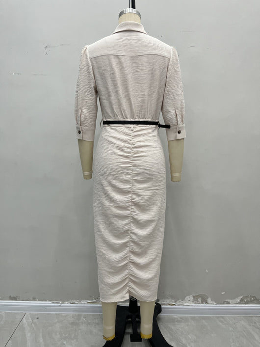 Vestido Camisero Plisado con Cinturón - Manga Corta - Image 13