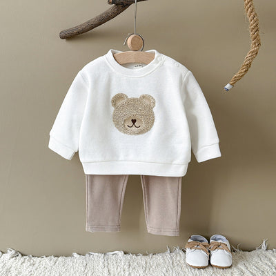 White long-sleeve baby hoodie with a brown bear print and matching ribbed beige sweatpants set. - Image 8