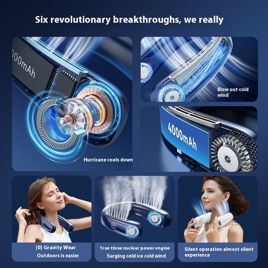 Light blue U-shaped neck fan with a digital display showing 100% charge and multiple air vents. - Image 3