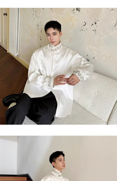 Camisa de Satén Elegante para Hombre con Cuello Mao y Detalles de Lentejuelas Brillantes - Image 15