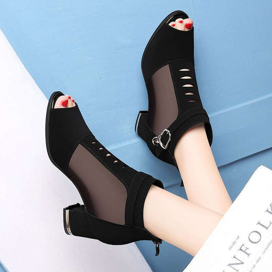 Botines Mesh Tacón Grueso Punta Afilada - Calzado Fresco para Primavera y Verano