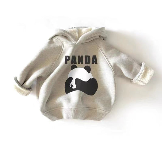 Grey parent-child matching hoodies with a black and white panda graphic and "PANDA" text.