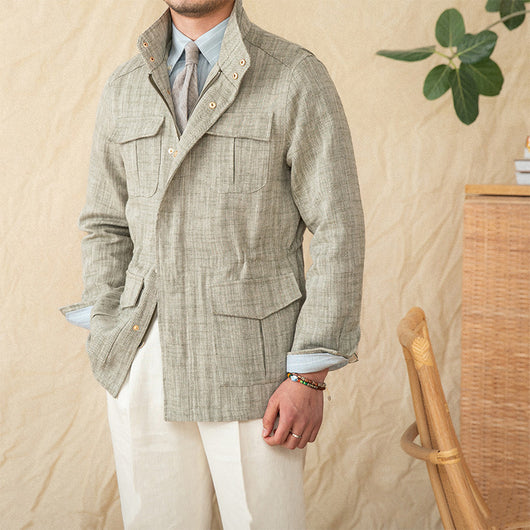 Chaqueta Safari M65 de Algodón y Lino con Cuello Alzado y Cintura Ajustada - Image 14
