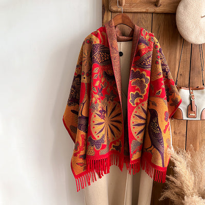 Bufanda Étnica Cálida de Diseño Floral y Aves para Mujer