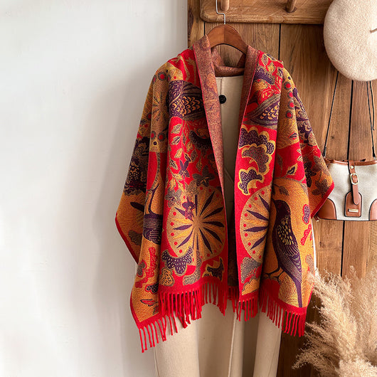 Bufanda Étnica Cálida de Diseño Floral y Aves para Mujer