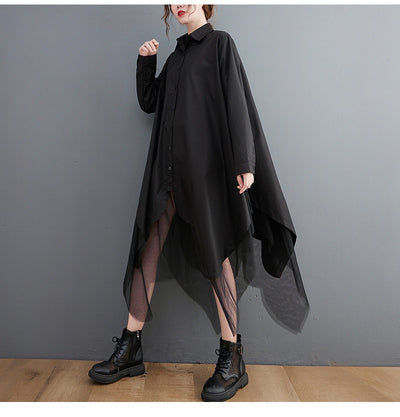 Vestido Camisero Holgado de Doble Capa con Malla Irregular - Image 12