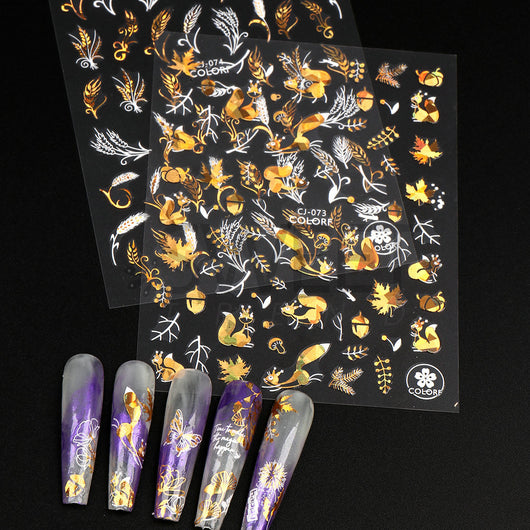 Stickers de Uñas 3D Adhesivos Hoja de Arce Dorada Láser con Letras - Image 19
